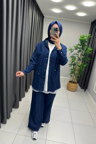 Perla Düğmeli Tensel Kot Takım  Lacivert