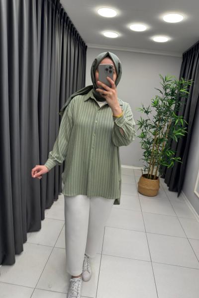 Star Çizgili Gömlek  Mint Yeşili