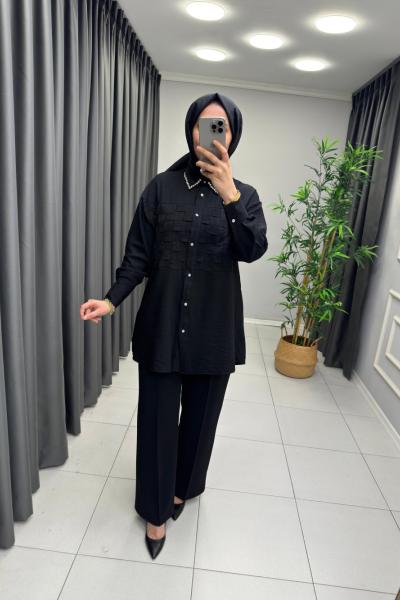 Esse Yakası Taşlı Gömlek Siyah