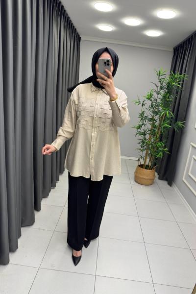 Esse Yakası Taşlı Gömlek Taş Rengi