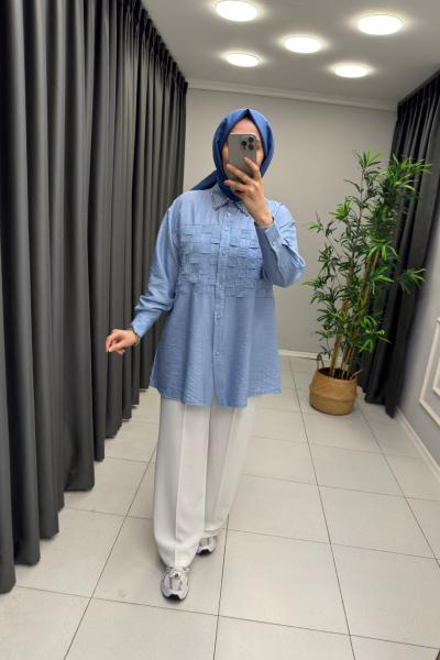 Esse Yakası Taşlı Gömlek Bebe Mavisi