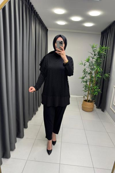 File Detay Pantolonlu İkili Takım Siyah