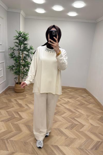 İkoll Taş İşlemeli Takım  Bej