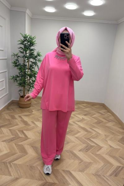 İkoll Taş İşlemeli Takım  Pembe