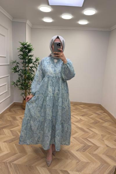 ETNİK DESEN ELBİSE Açık Mavi