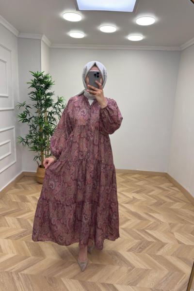 ETNİK DESEN ELBİSE Mürdüm