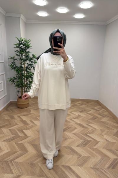 İkoll Sim Detay Nakışlı Takım  Bej