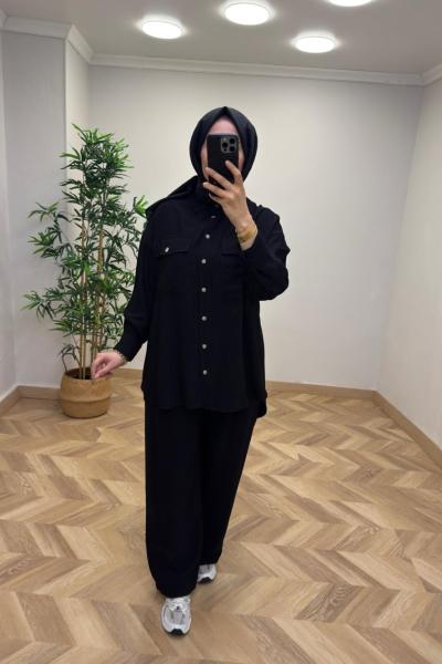 İkoll Çilek Keten Takım  Siyah