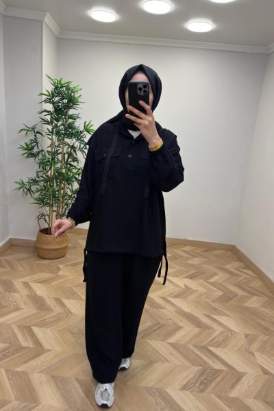 Linda Çilek Keten Takım  Siyah