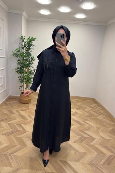 Gül Detay Elbise Siyah