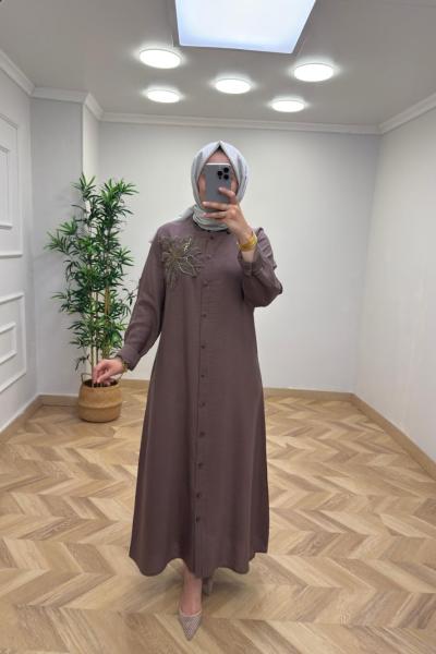 Gül Detay Elbise Kahverengi