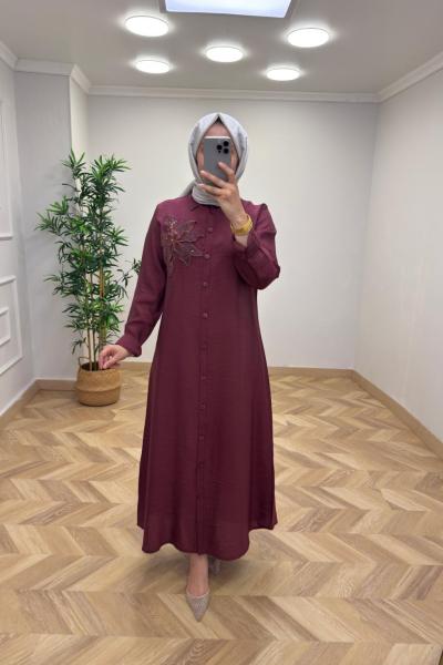 Gül Detay Elbise Bordo