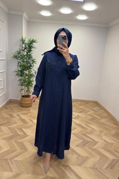 Gül Detay Elbise Lacivert