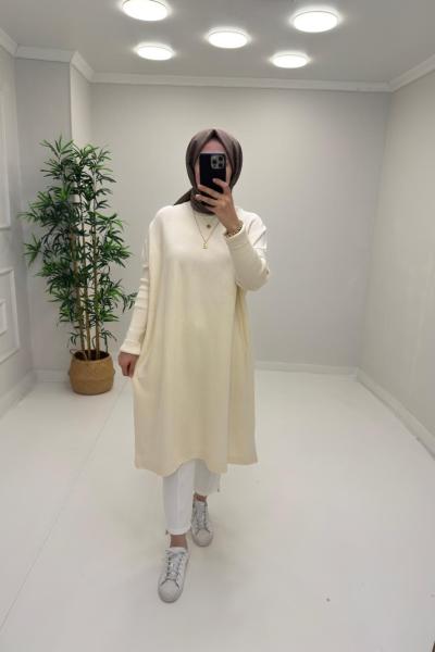 Uzun Triko Tunik Krem