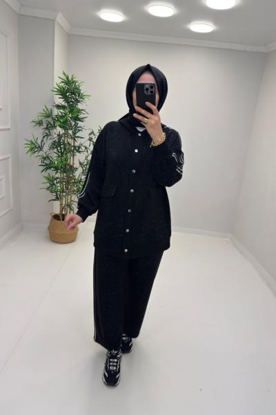 Flora Taşlı Takım Siyah