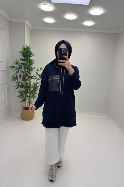 Deri Cep Detay Tunik Lacivert