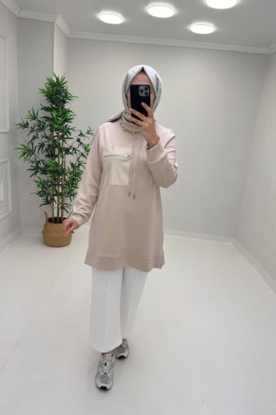 Deri Cep Detay Tunik Krem