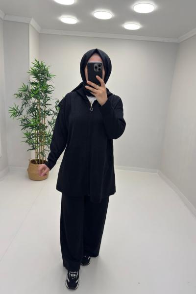 Sim Detaylı Merserize Takım Siyah