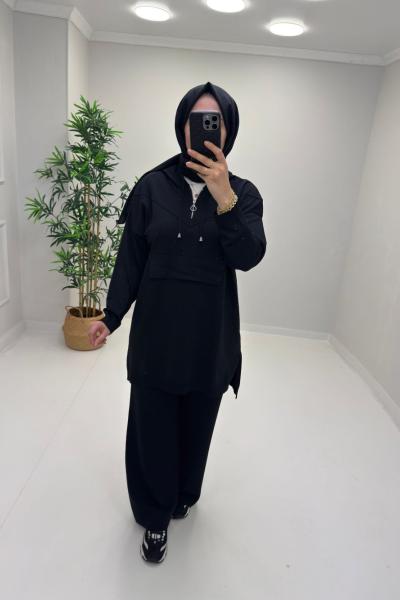 Taş Detaylı Triko Takım Siyah