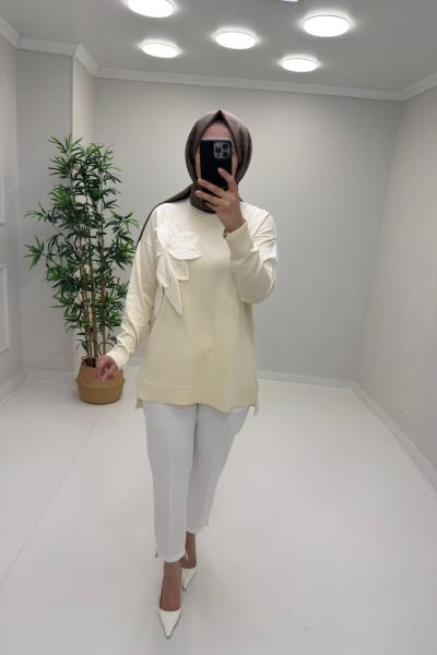 Gül Detay Merserize Tunik Krem
