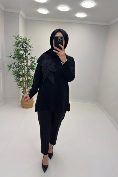 Gül Detay Merserize Tunik Siyah
