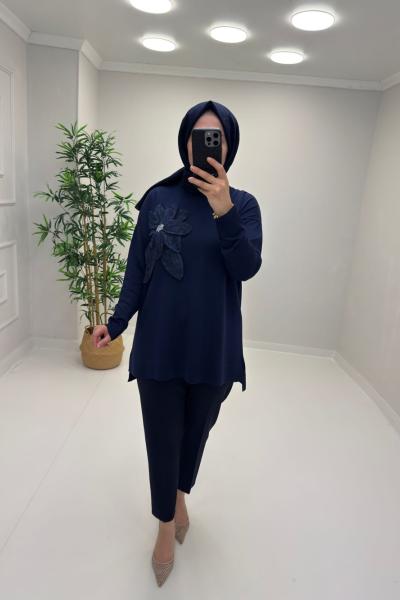Gül Detay Merserize Tunik Lacivert