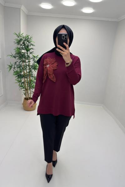 Gül Detay Merserize Tunik Bordo