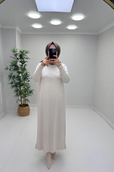 Juliet Kemer Detay Merserize Elbise Krem