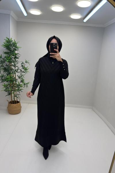 Nehir Merserize Elbise Siyah