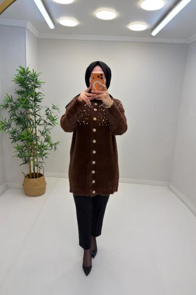 Nihle İncili Angora Hırka Kahverengi