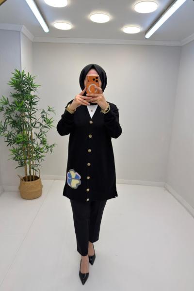 Nefise Gül Detaylı Hırka Siyah