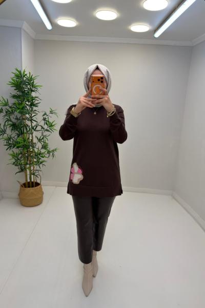 Nefise Gül Detaylı Tunik Kahverengi