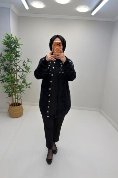 Nefise İnci Detay Angora Hırka Siyah