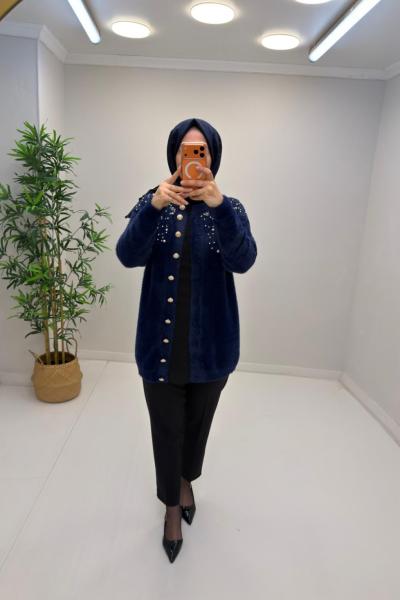 Nefise İnci Detay Angora Hırka Lacivert