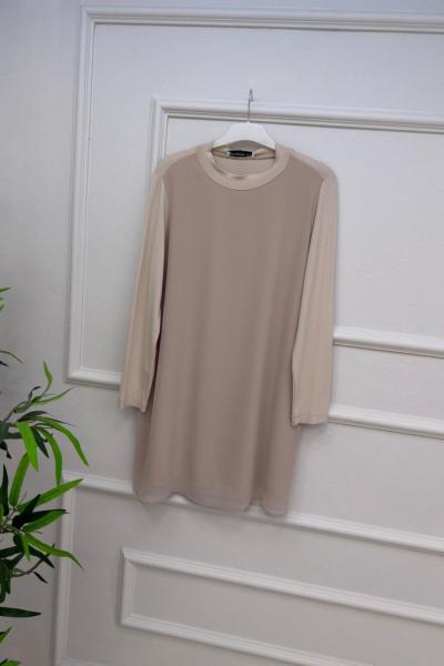 Uzun Kollu Şifon İçlik Krem