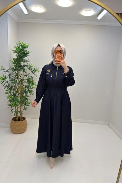 Nira Broşlu Kot Elbise Mavi