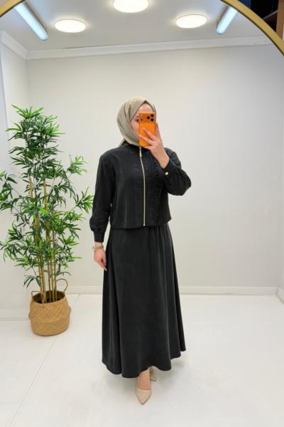 Gül Etekli Takım Siyah