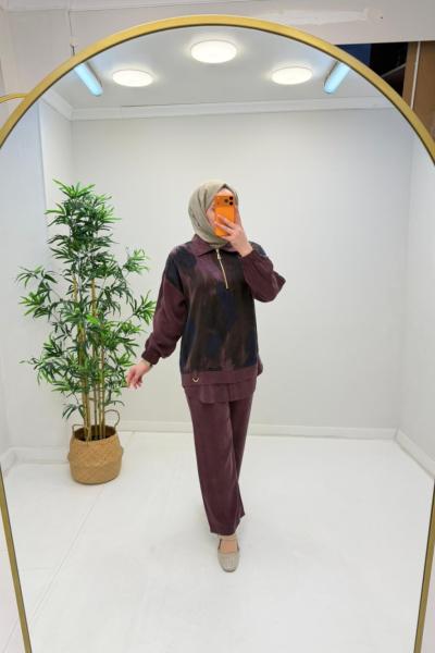 Aden İpek Qupra Detaylı Takım Bordo