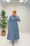 Vesta Broş Detaylı Kot Elbise Açık Mavi