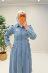 Vesta Broş Detaylı Kot Elbise Açık Mavi