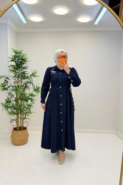 Vesta Broş Detaylı Kot Elbise Lacivert