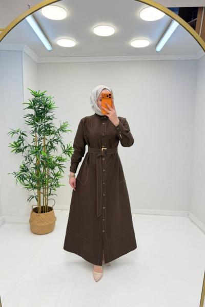 Farah Pamuklu Paraşüt Kemerlli Elbise Kahverengi