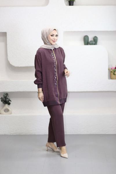 Stella Taş Detaylı Pantolonlu Takım Mürdüm