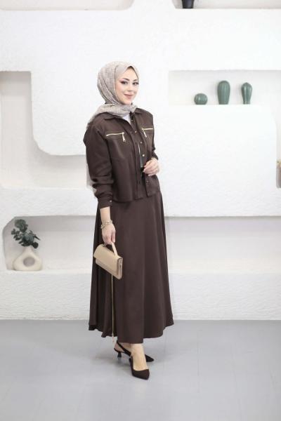 Lara Kemerli Etekli Takım Kahverengi