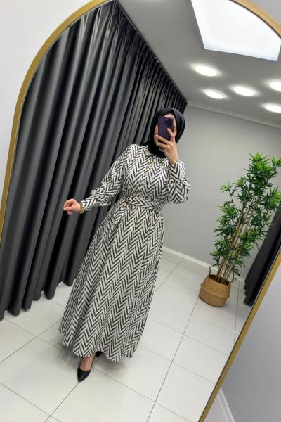 Zikzak Desen Ham Keten Elbise  Siyah