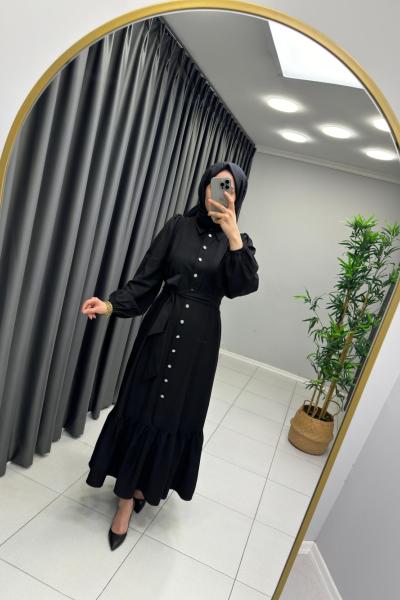 Boydan Düğmeli Elbise Siyah