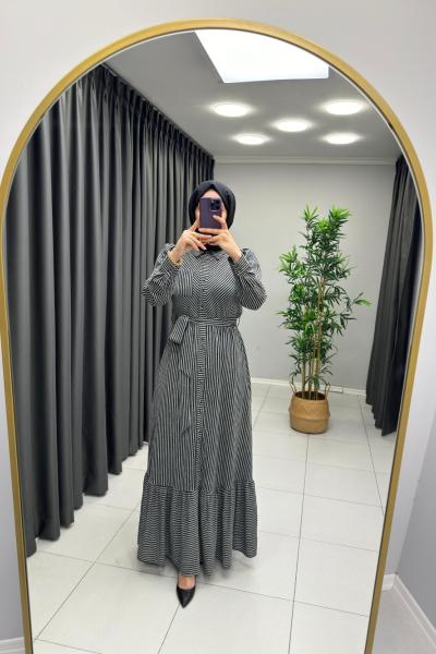 Çizgili Gömlek Keten Elbise  Siyah