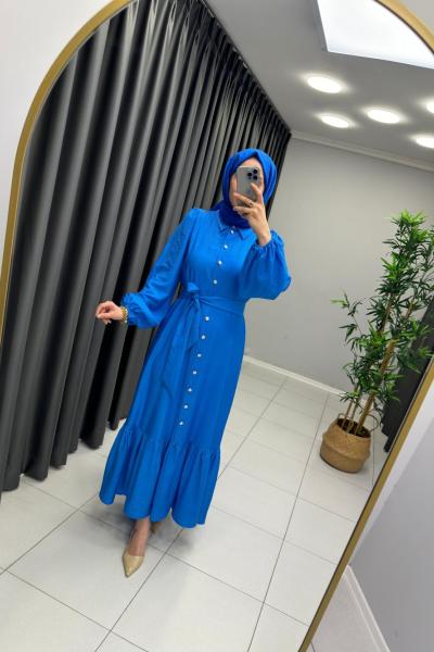 Boydan Düğmeli Elbise Mavi