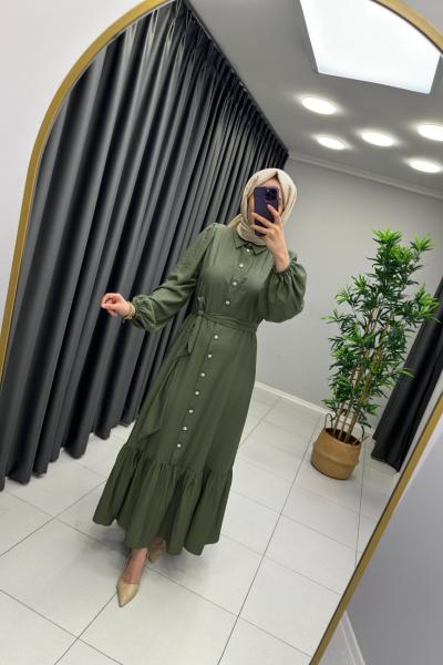 Boydan Düğmeli Elbise Yeşil