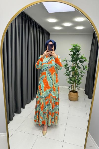 Lilyum Yakası Fermuarlı Elbise Turuncu